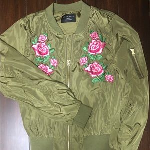 Army green bomber with floral embroidery